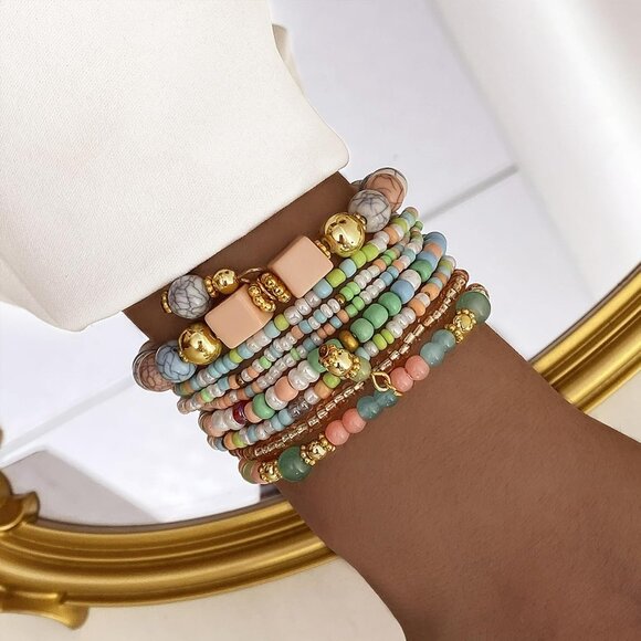 8PCS Beaded Bracelets for Women, Multilayered Stackable Strand Stretch Bead Brac - Picture 2 of 9